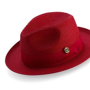 MONTIQUE Red Braided Wide Brim Pinch Fedora Matching Grosgrain Ribbon Hat H-42